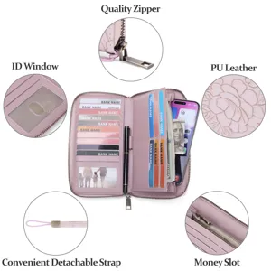 Pink women's long PU leather wallet with multiple card slots, ID window, and zipper pocket.