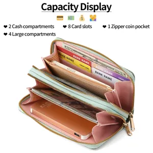 Women long double zipper wallet mint green large capacity PU leather clutch purse card slots