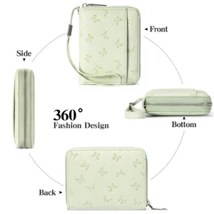 Multi-angle detail view of light green PU leather card holder wallet with butterfly embossing.