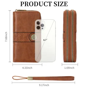 Retro PU leather long wallet double zipper vintage purse with sunflower charm and wrist strap.