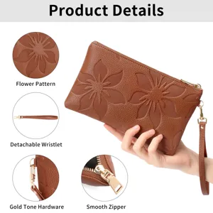 Embossed flower pattern detail and smooth golden zipper of the women long clutch wallet.