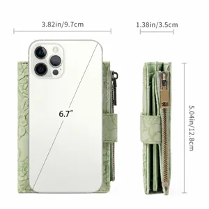 Detailed size dimensions and phone comparison of the light green embossed PU trifold wallet.