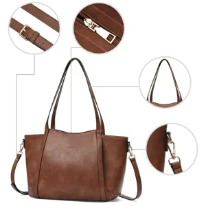 Detailed close-up view of women brown tote bag hardware zipper and adjustable strap buckle.