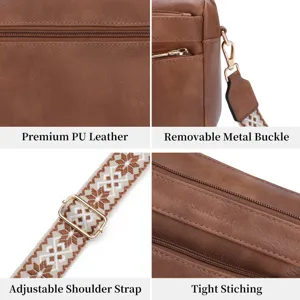 Detail view of brown PU leather crossbody bag showing adjustable strap and metal hardware.