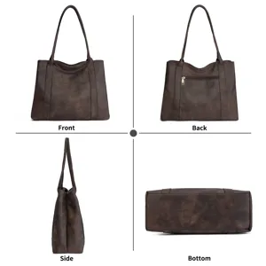 Dark brown tote bag detail view, multi-angle display showing front, back and sides.