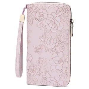 Embossed floral long wallet for women, PU leather zip-around clutch with wrist strap.