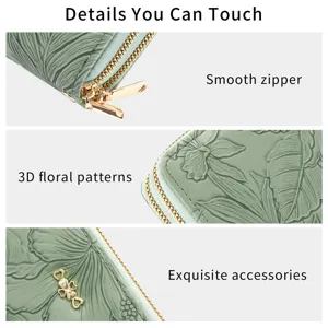 Close-up details of women green long wallet showcasing 3D floral pattern and smooth zipper