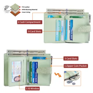 Mint green PU leather trifold wallet detail showing multiple card slots and zipper coin pocket.