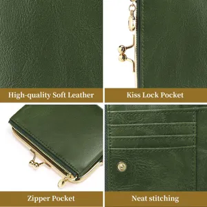 Detailed view of dark green leather wallet showing soft texture, kiss lock pocket and card slots.