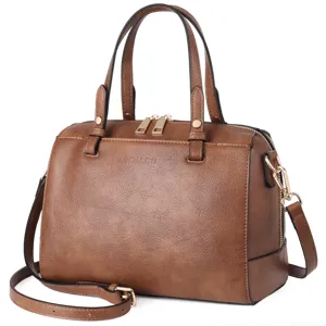 Classic brown PU leather satchel handbag with top handles and adjustable strap for women.