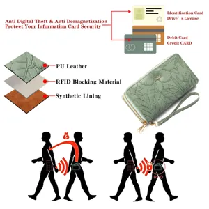 Women long double zipper wallet RFID blocking green PU leather wrist strap clutch purse