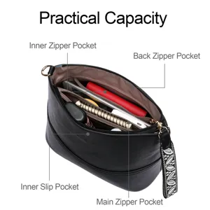 Black PU leather bucket bag with multiple compartments, wide strap and practical capacity.