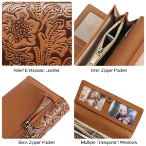 Women's long trifold wallet with relief embossed floral leather, inner and back zipper pockets.