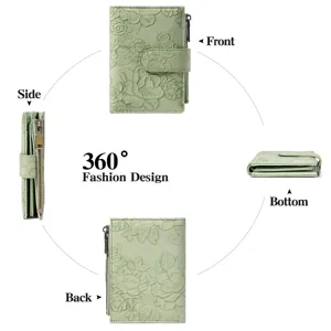 PU leather trifold short wallet with elegant embossed floral pattern, compact zip pocket design.