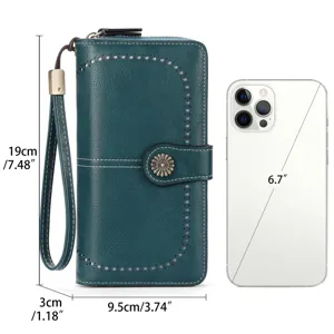 Portafoglio lungo vintage in vera pelle cerata da donna con cinturino, borsa retro.
