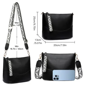 Black PU leather shoulder bag detail showing dimensions, adjustable strap and size reference.