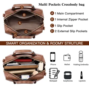 Detailed view of women's brown PU leather crossbody bag showing multi-pocket interior storage.