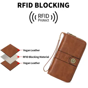 Vintage PU leather long wallet for women with RFID blocking, wristlet and floral embossed design.
