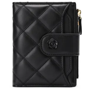 Women Short Wallet PU Leather Quilted Fold Wallets With Camellia Flower Buckle Zipper Coin Pocket RFID Blocking Card Holder