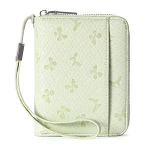 Light green PU leather zipper card holder wallet with butterfly pattern and wrist strap.