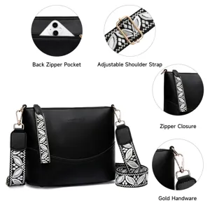Black PU leather crossbody bag detail featuring gold hardware, back zipper pocket, and wide strap.
