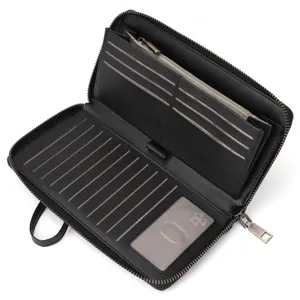 Women's black long zip wallet with multiple card slots and ID window for daily use details.