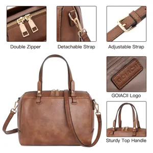 Brown PU leather shoulder bag for women, vintage top handle satchel with adjustable strap.