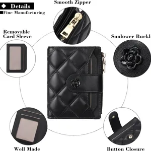 Women black quilted short wallet with camellia buckle and zipper coin pocket main view