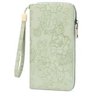 Light green floral embossed long wallet with wrist strap zipper closure stylish womens bag
