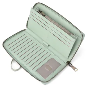 Mint green women's long zip-around wallet with multiple card slots and clear ID window.