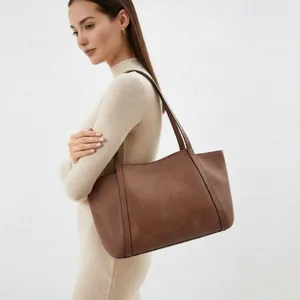 Large capacity solid color women tote bag stylish casual commuter shoulder bag in brown