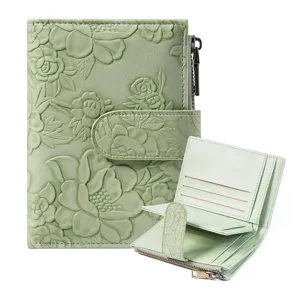 Women's PU Leather Trifold Wallet RFID Blocking Compact Card Holder Embossed Floral Purse With Gift Box