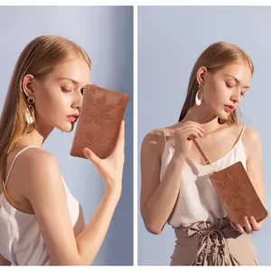 Women long clutch wallet floral embossed zipper phone bag main product view showcasing brown style