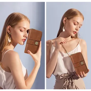 Women vintage PU leather long wallet double zipper clutch purse with wrist strap and sunflower snap.