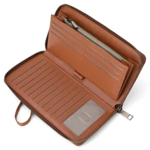 Women's long brown wallet with zipper closure, multiple card slots and large capacity design.