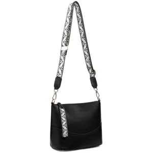 Stylish black leather cross body bag for women featuring patterned wide shoulder strap