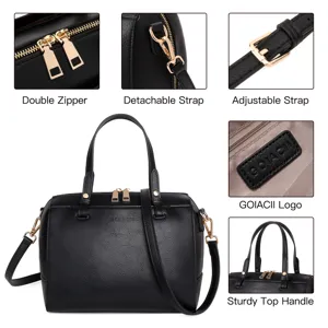 Black PU leather top handle satchel bag with double zipper, detachable and adjustable strap.