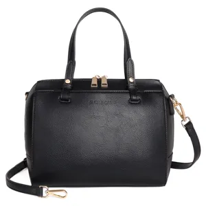 Black PU leather handbag for women, vintage Boston shoulder bag with top handles and strap.