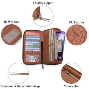 Women long PU leather wallet with multiple card slots zipper coin pocket and wrist strap