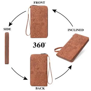 Women embossed long leather wallet large capacity zipper purse with wrist strap brown fashion.