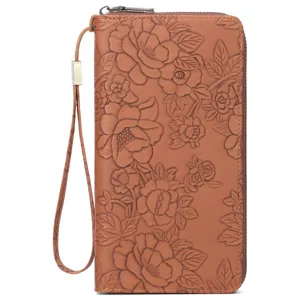 Elegant brown floral embossed women's long wallet with wrist strap and zipper closure.