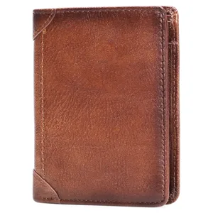 Men's genuine leather short wallet in brown oil-wax finish with multiple card slots and retro corners.