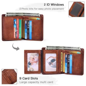 Detailed view of the men genuine leather wallet showing multiple card slots and clear ID windows.