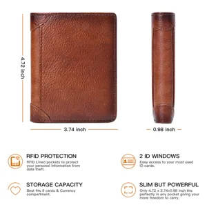 Detail view showing dimensions and RFID protection features of the brown leather men wallet.