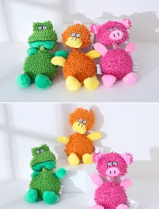 Detailed view of cute squeaky plush chew toys for dogs, soft chenille fabric, durable pet items.