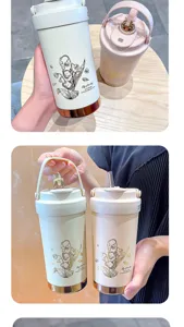 Portable stainless steel double drink thermos cup with straw and cute lily graphic for daily use.
