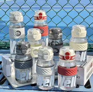 Details of large capacity plastic sports water bottle with straw and dual drinking design.
