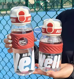 Outdoor portable sports plastic water bottle detail, large capacity dual drink straw cup design.