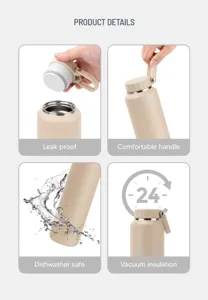 Beige vacuum insulated water bottle with handle and 24h temperature retention feature.