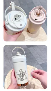 Portable stainless steel thermal water bottle with straw and handle for office and daily use.